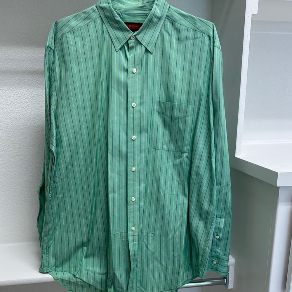Austin Reed Men’s XL Button Down Long Sleeve Green Blue Stripe 100% Cotton Shirt